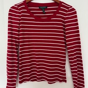 LAUREN RALPH LAUREN Red White Striped Long Sleeve Tee Top Knit 100% Cotton XS